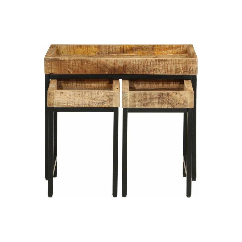 Masif Mango Ahşap Üçlü Zigon Sehpa Seti 127x89x102 cm Siyah Metal Ayaklı - 106351