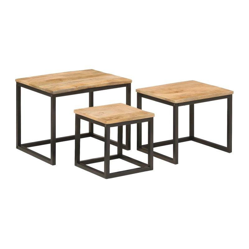 Masif Mango Ahşap Üçlü Zigon Sehpa Siyah Metal Ayaklı 50x40x40 cm - 106312