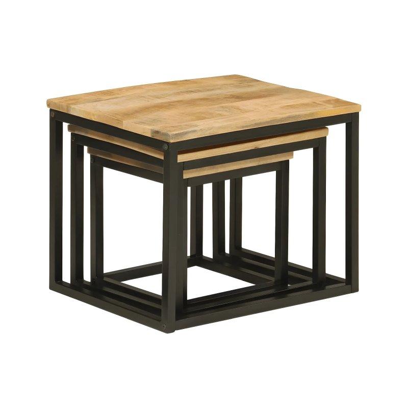 Masif Mango Ahşap Üçlü Zigon Sehpa Siyah Metal Ayaklı 50x40x40 cm - 106312