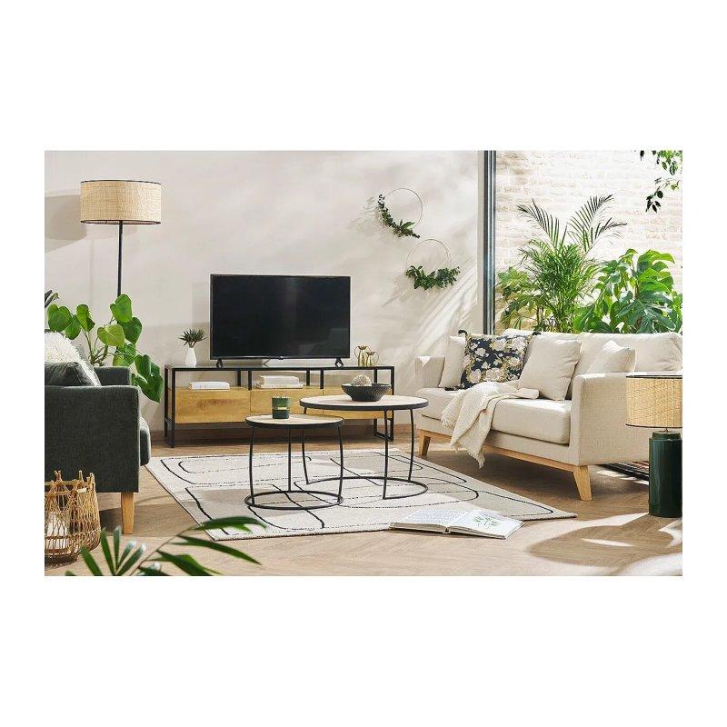 Masif Mango Ahşap Yuvarlak 2'li Orta Sehpa Seti 65 cm - Siyah Metal Ayaklı - 102048