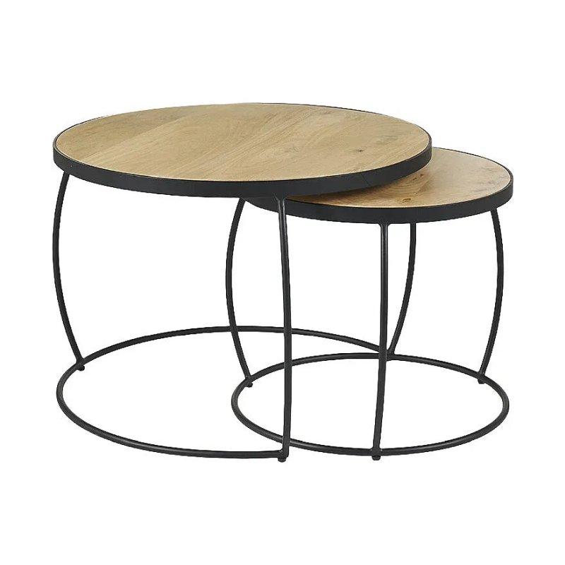 Masif Mango Ahşap Yuvarlak 2'li Orta Sehpa Seti 65 cm - Siyah Metal Ayaklı - 102048