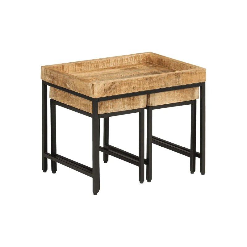 Masif Mango Ahşap Zigon Sehpa Üçlü Set Metal Ayaklı 50x40 cm - 106099