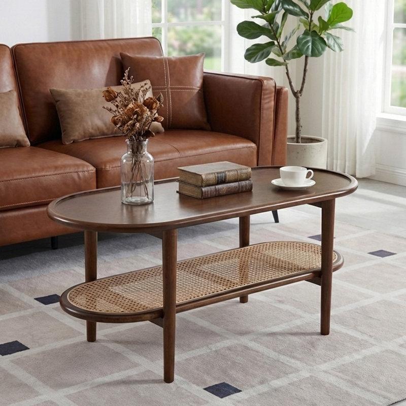 Masif Meşe Ahşap Oval Bohem Orta Sehpa 100x43 cm Hasır Raflı Kahverengi - 105241