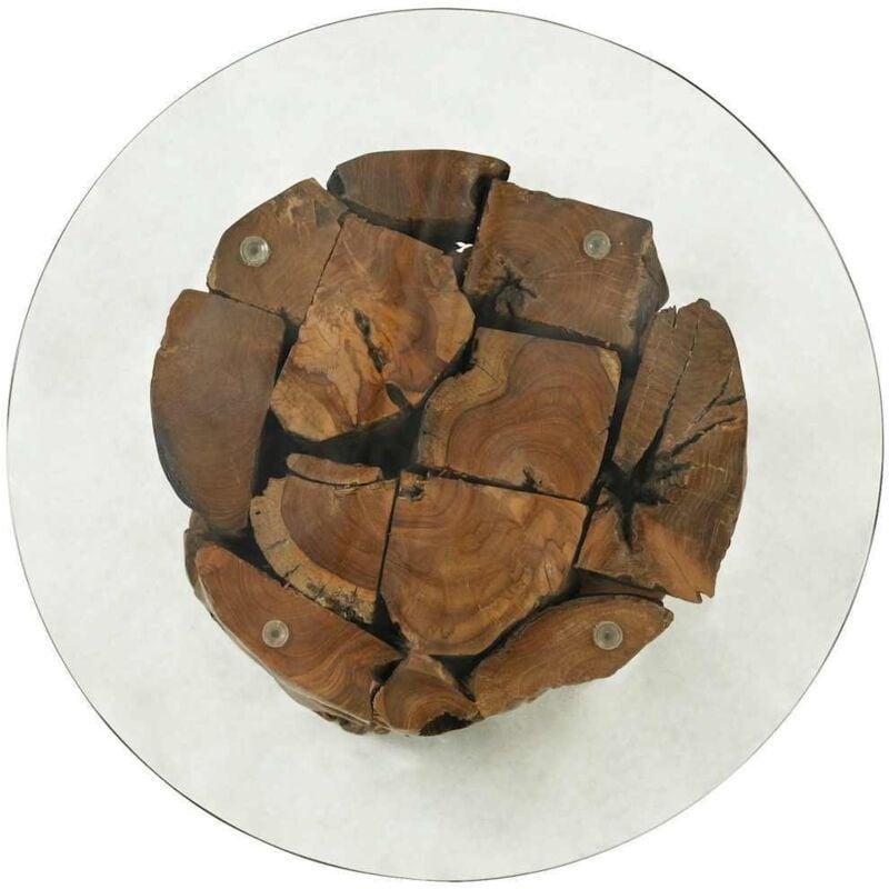 Masif Teak Ahşap Orta Sehpa Yuvarlak Cam Üstü 60 cm - 103244
