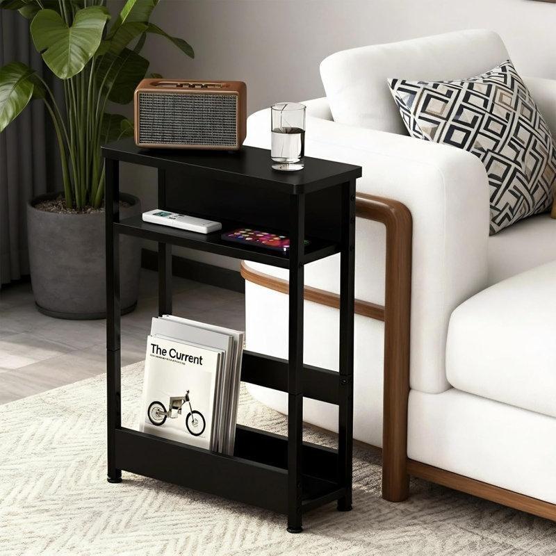 Mat Siyah MDF 3 Katlı Raflı Gazetelik Yan Sehpa-46x20x64 cm - 112992