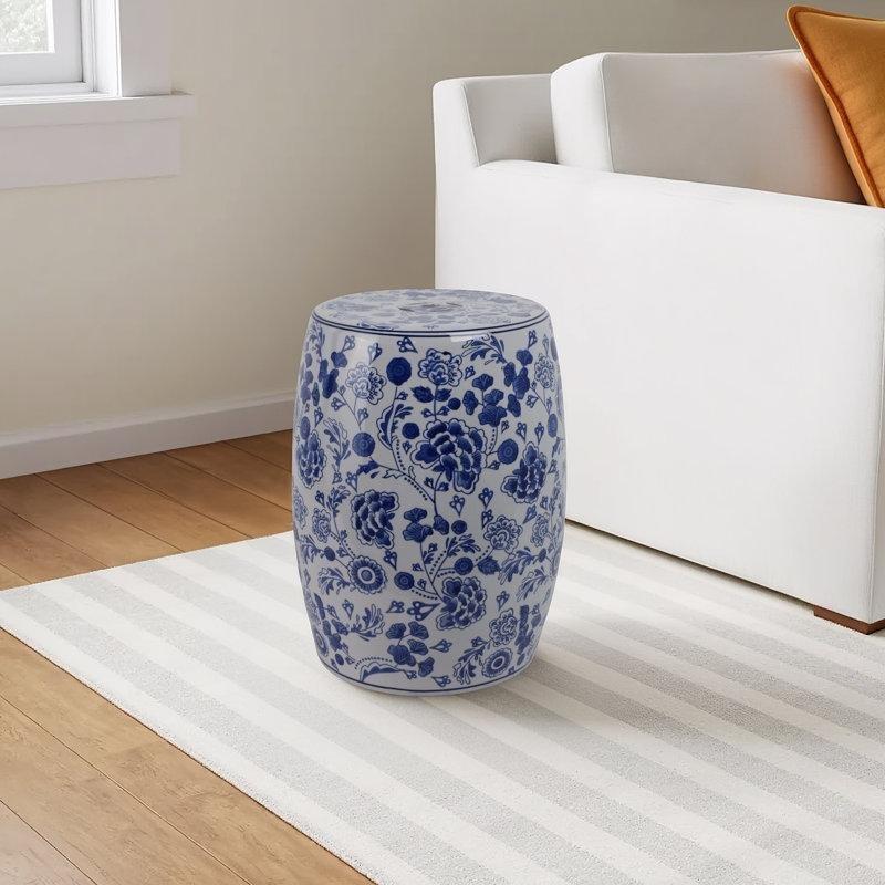 Mavi Beyaz Seramik Çiçek Desenli Seramik Yan Sehpa-33x33x46 cm - 113469