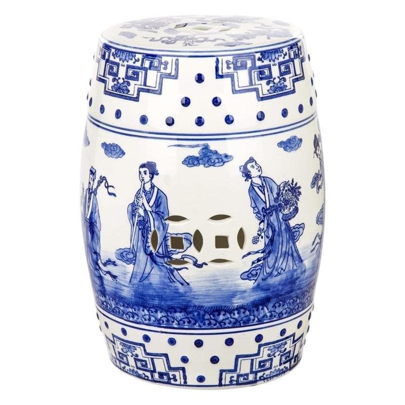 Mavi Beyaz Seramik Suya Dayanıklı Seramik Yan Sehpa-46x34x34 cm - 113412