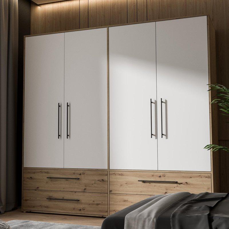 Melleg Beyaz ve Açık Ceviz Endüstriyel Ahşap 4 Kapılı Gardrop 206x200 cm - 90823