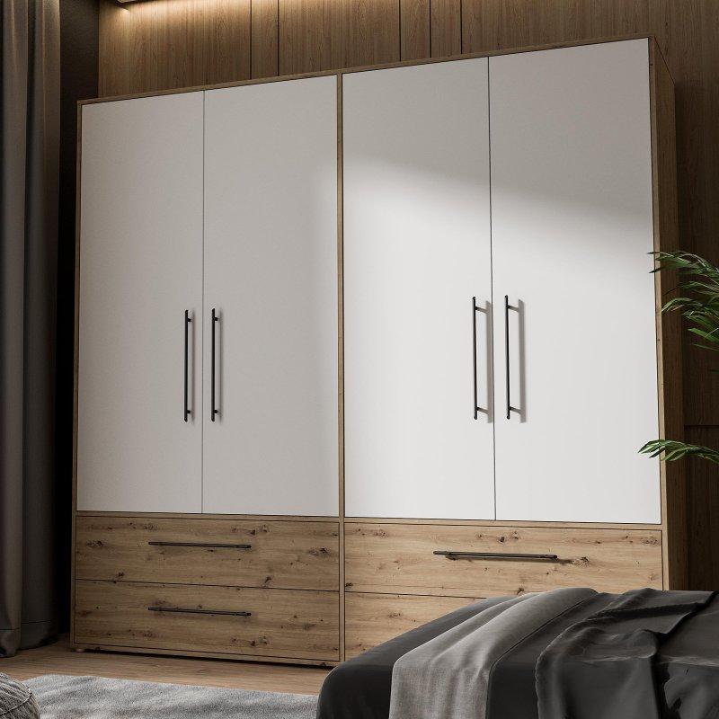 Melleg Beyaz ve Açık Ceviz Endüstriyel Ahşap 4 Kapılı Gardrop 206x200 cm - 90823