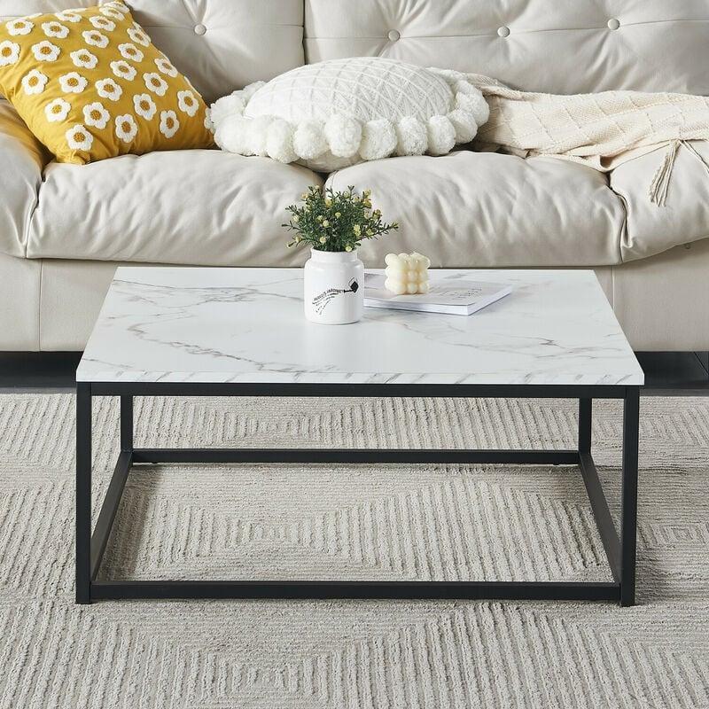 Mermer Desenli Ahşap Orta Sehpa 80x80 cm Siyah Metal Ayaklı - 103404