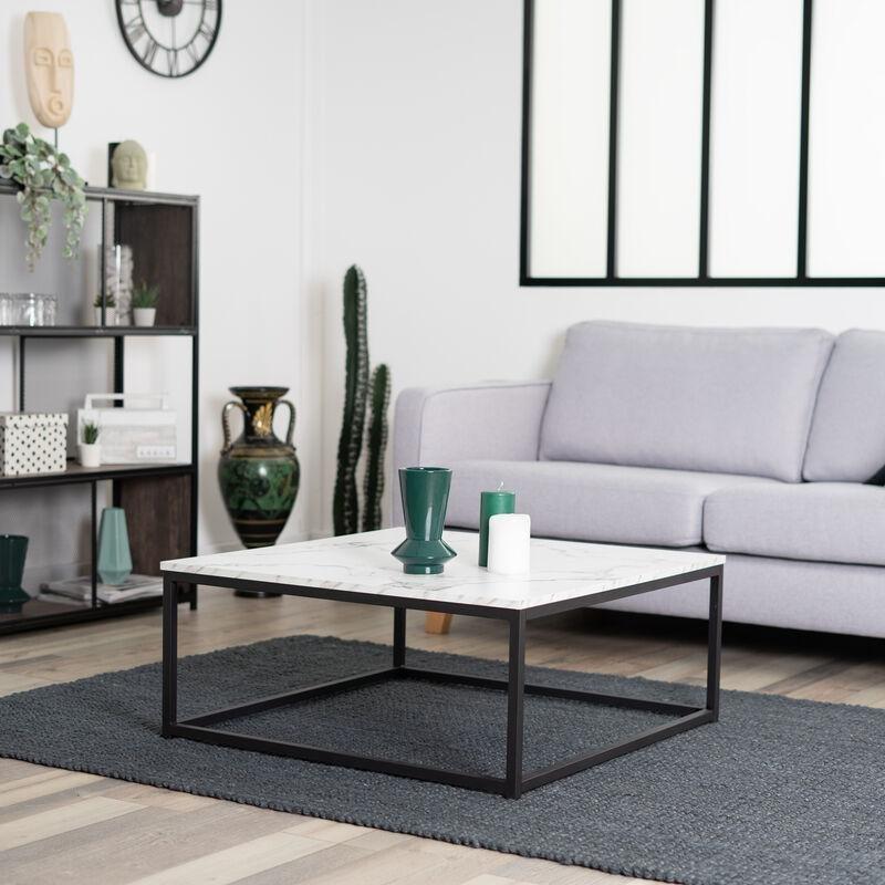 Mermer Desenli Ahşap Orta Sehpa 80x80 cm Siyah Metal Ayaklı - 103404