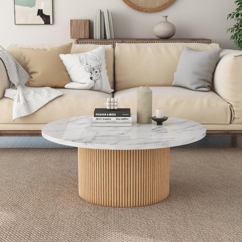 Mermer Desenli Beyaz 91 cm Yuvarlak Ahşap Porselen Orta Sehpa - 105880