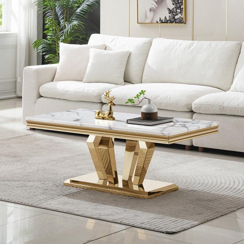 Mermer Desenli Dikdörtgen Orta Sehpa Gold Ayaklı 119 cm - 105121