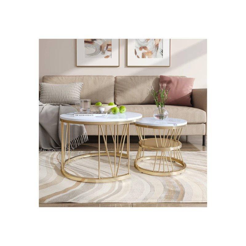 Mermer Desenli Gold Zigon Sehpa 70x70x45 cm 2'li Set - 106747