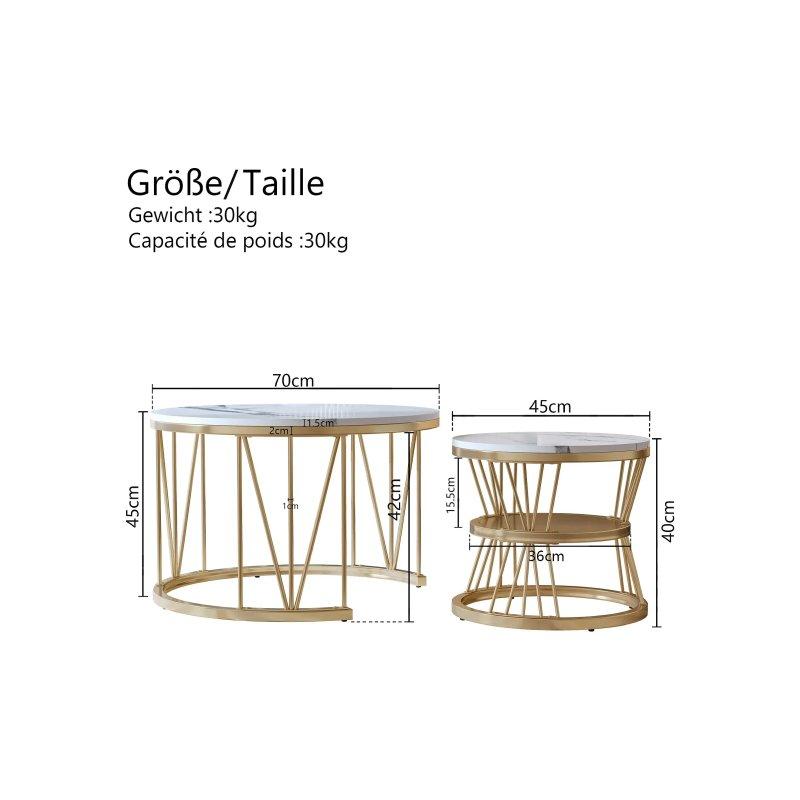 Mermer Desenli Gold Zigon Sehpa 70x70x45 cm 2'li Set - 106747