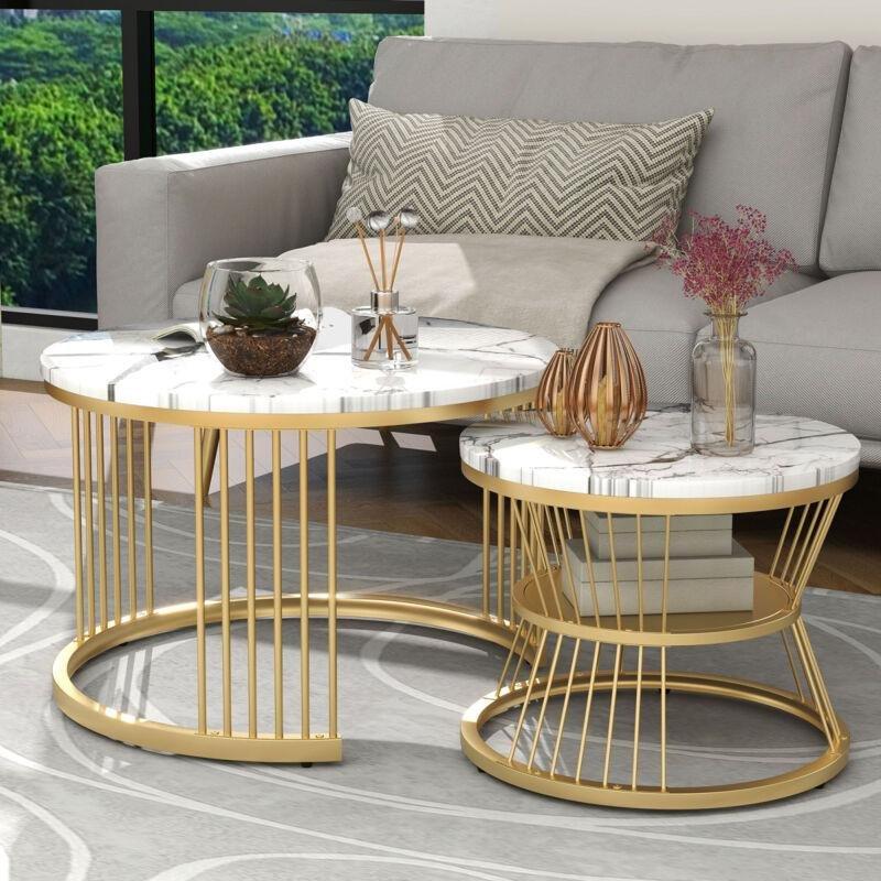 Mermer Desenli Gold Zigon Sehpa İkili Set 70x70x45 cm - 107769