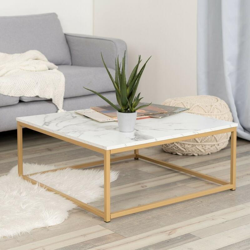 Mermer Desenli MDF Kare Orta Sehpa Gold Metal Ayaklı 80x80 cm - 103307