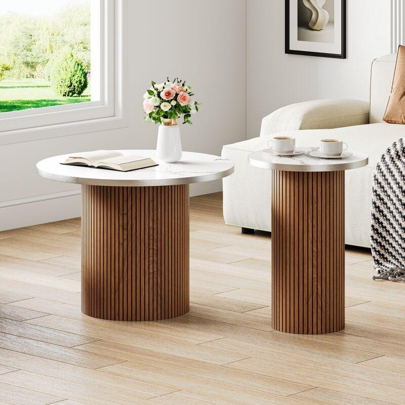 Mermer Desenli Zigon Sehpa 50x35 cm Gold Kenarlıklı 2'li Set - 108002