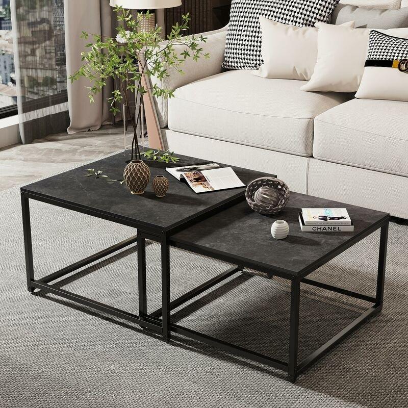 Mermer Desenli Zigon Sehpa Siyah Metal Ayaklı İkili Set 70x70 cm 60x60 cm - 107890