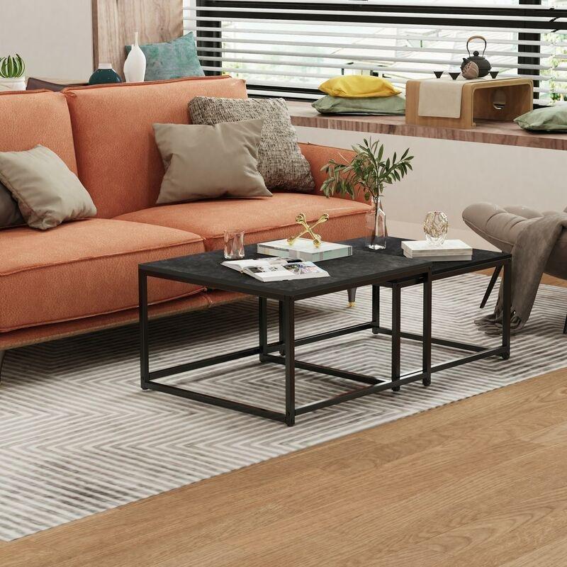 Mermer Desenli Zigon Sehpa Siyah Metal Ayaklı İkili Set 70x70 cm 60x60 cm - 107890