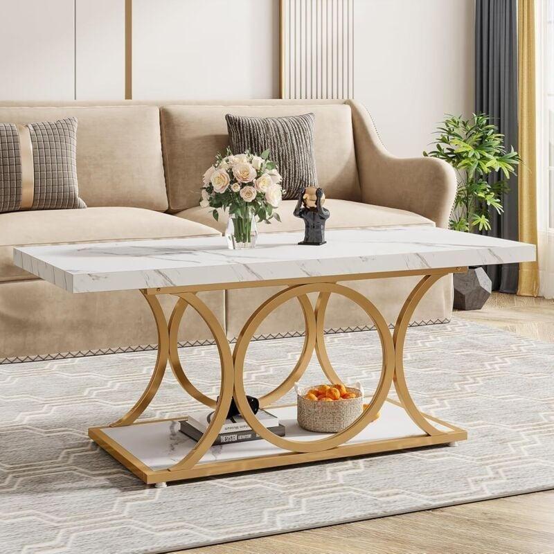 Mermer Görünümlü Beyaz Ahşap Orta Sehpa 120x60 cm Gold Metal Ayaklı - 103620