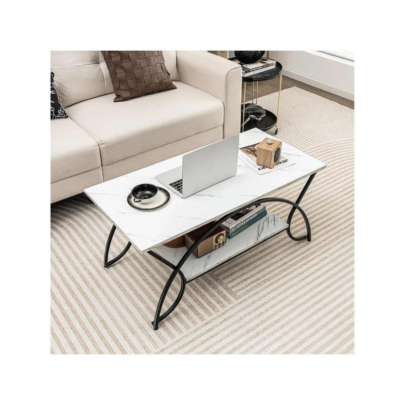 Mermer Görünümlü Metal Ayaklı Orta Sehpa 100x50x45 cm - 2 Raflı - 102330