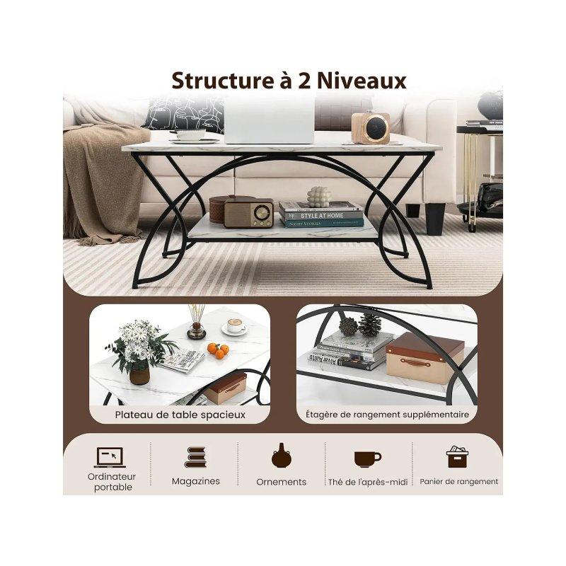 Mermer Görünümlü Metal Ayaklı Orta Sehpa 100x50x45 cm - 2 Raflı - 102330