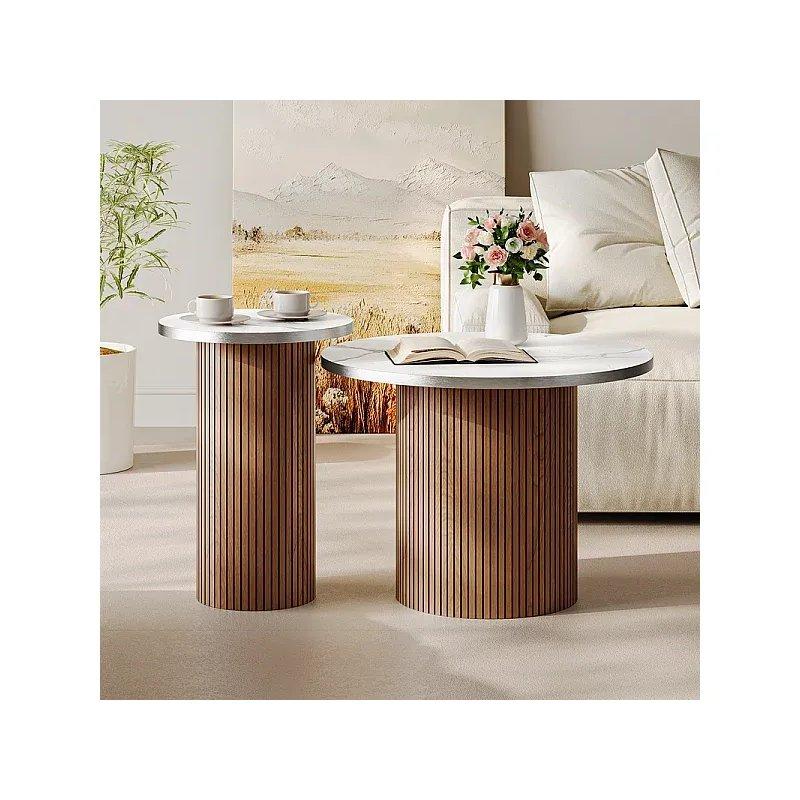 Mermer Kaplı Yuvarlak Orta Sehpa 50x35 cm İkili Set - 102276