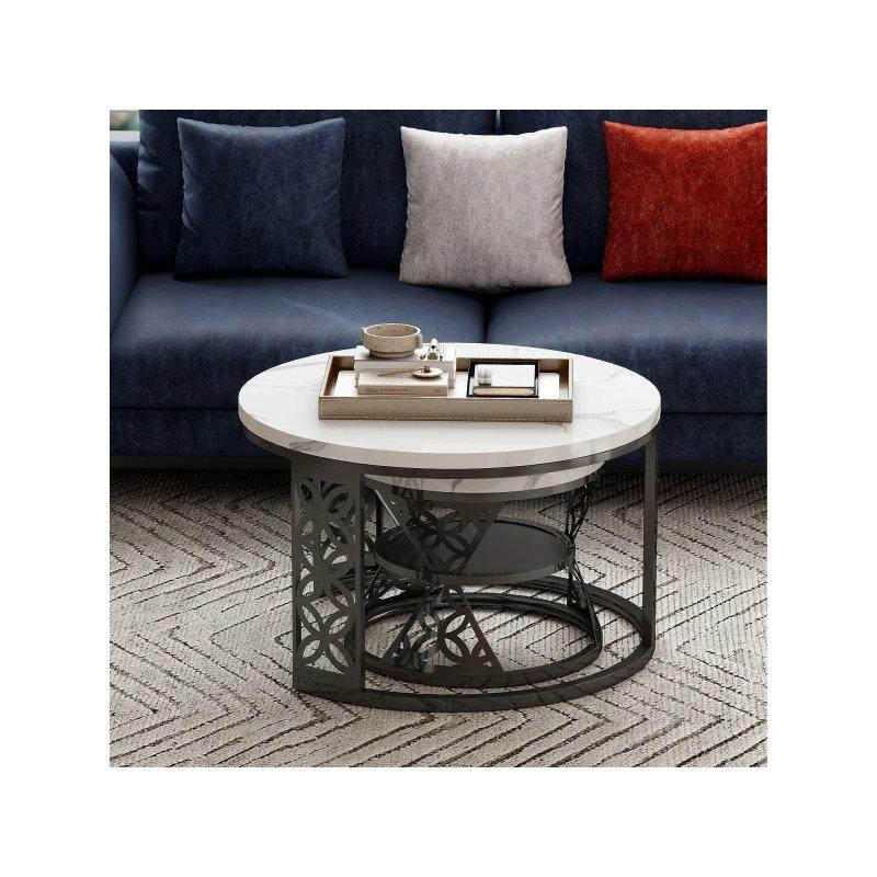 Mermer Placamalı Metal Ayaklı Zigon Orta Sehpa 70x70x45 cm + 45x45x37 cm - 102021