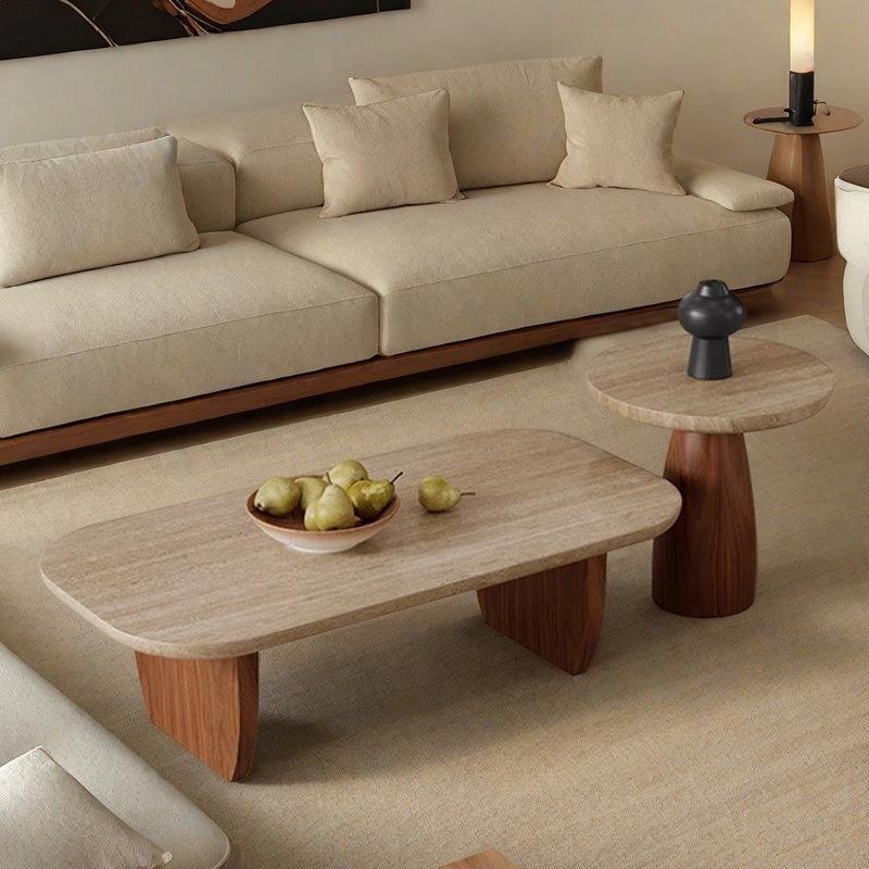 Mermer Üstü Endüstriyel Ahşap Ayaklı Orta Sehpa 120x60 cm - 104326