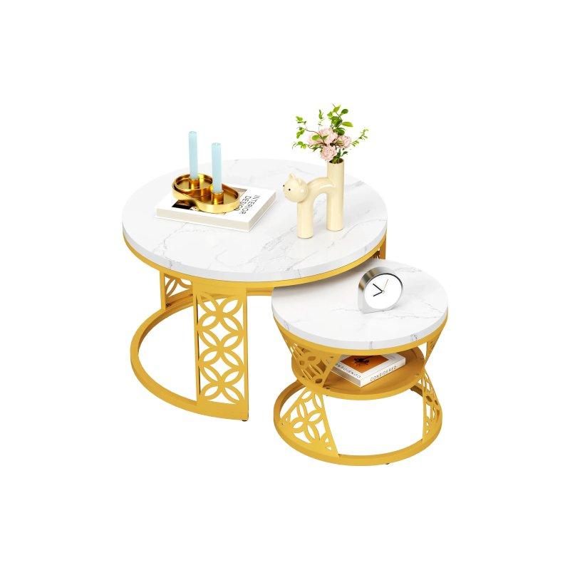 Mermerli İç İçe 2'li Orta Sehpa Seti Beyaz Mermer 70x70x45 cm ve 45x45x38 cm - 102117