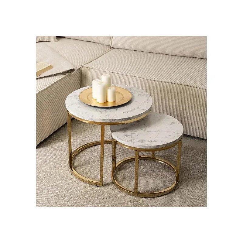 Mermerli İkili Orta Sehpa Seti Gri Renk 60x60 cm - 102501