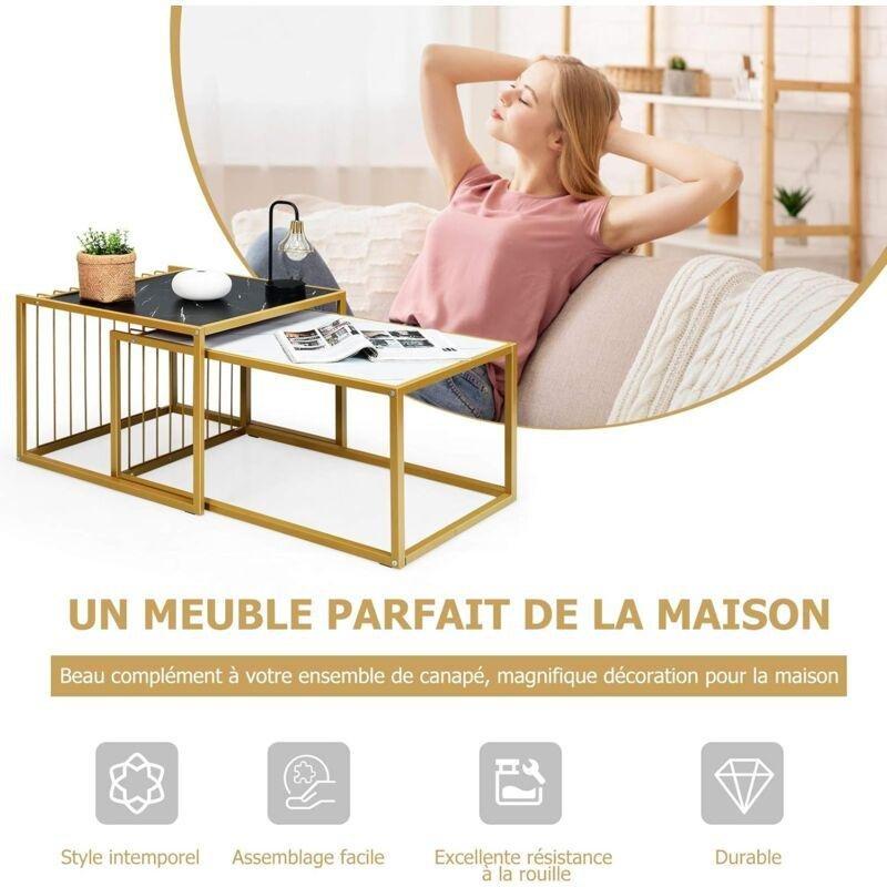 Mermerli Metal Ayaklı Iç İçe Geçen Orta Sehpa 60x80 cm - Beyaz - 103049