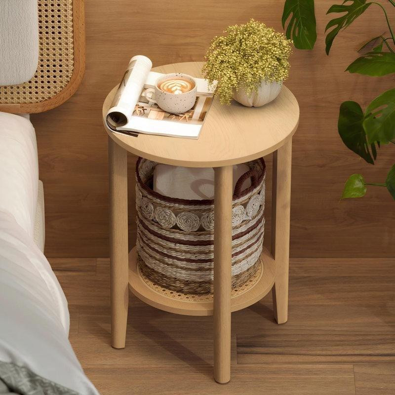 Meşe Bej MDF Raflı Hasır Yan Sehpa-57x41x41 cm - 113082