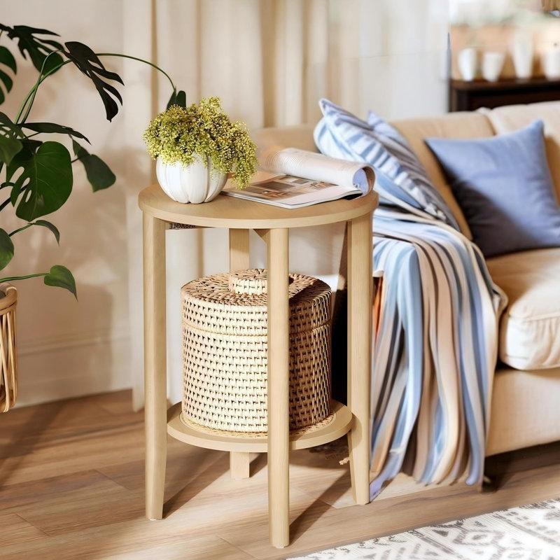 Meşe Bej MDF Raflı Hasır Yan Sehpa-57x41x41 cm - 113082