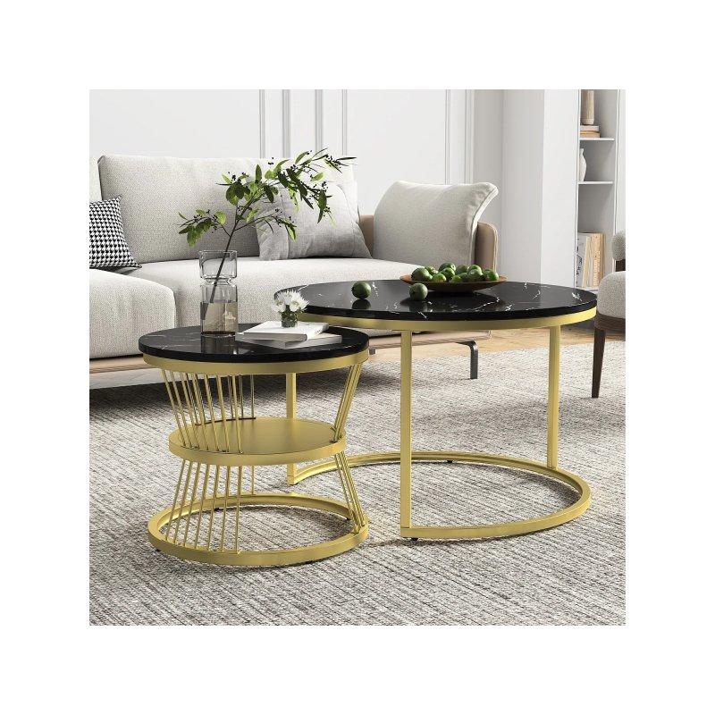 Metal Ayaklı 2 Li Yuvarlak Orta Sehpa Siyah ve Gold 70x45 cm - 102345