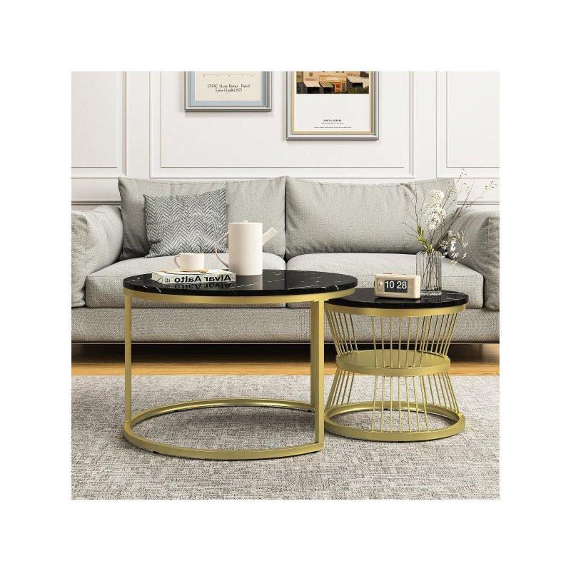 Metal Ayaklı 2 Li Yuvarlak Orta Sehpa Siyah ve Gold 70x45 cm - 102345