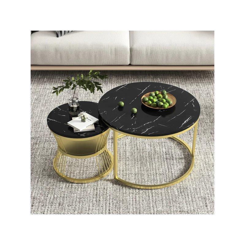 Metal Ayaklı 2 Li Yuvarlak Orta Sehpa Siyah ve Gold 70x45 cm - 102345