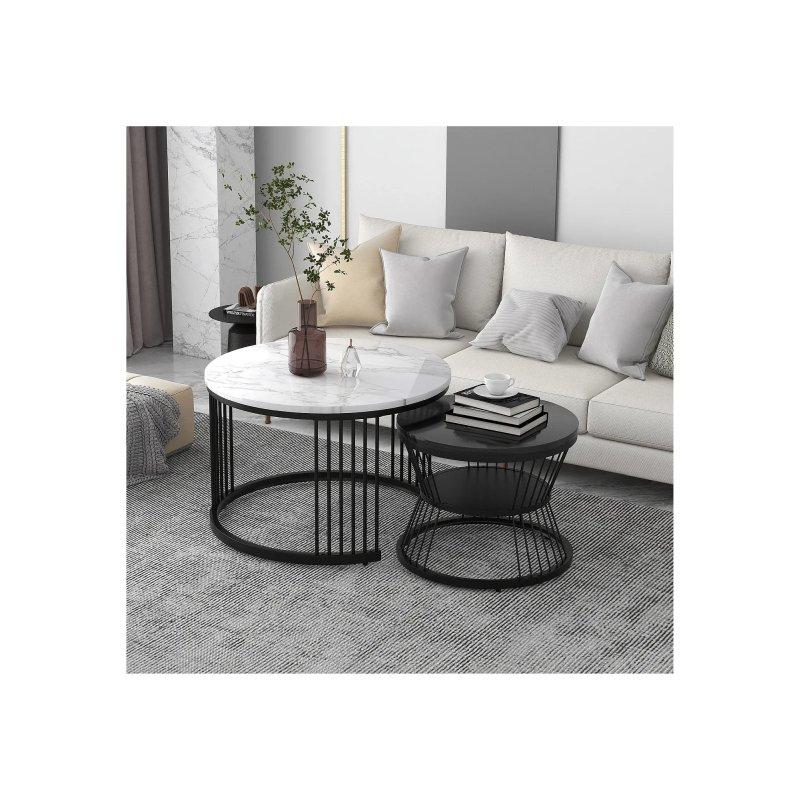 Metal Çerçeveli 2 Li Yuvarlak Orta Sehpa Seti Beyaz Mermer Desenli MDF Üstü 70x70 cm - 102672