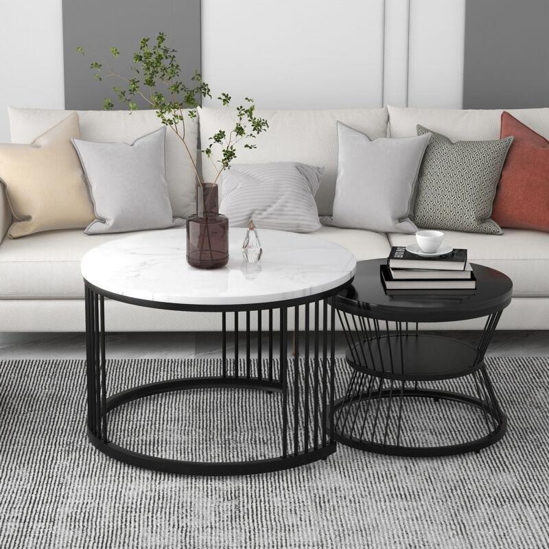 Metal Çerçeveli Yuvarlak 2'li Orta Sehpa Seti Beyaz Siyah 70x70 cm - 102817