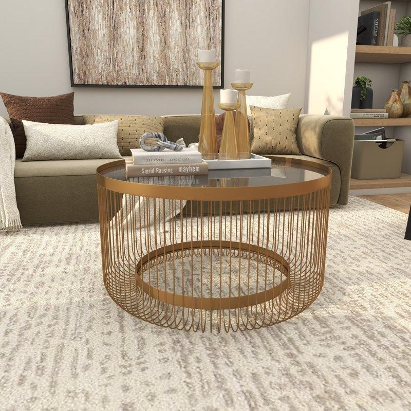 Metal Gold Ayaklı Yuvarlak Orta Sehpa Şeffaf Cam Üstü 71 cm - 105088