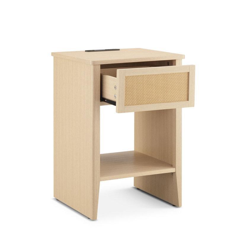 Natürel MDF USB ve LED Işıklı Hasır Yan Sehpa-61x40x38 cm - 113088