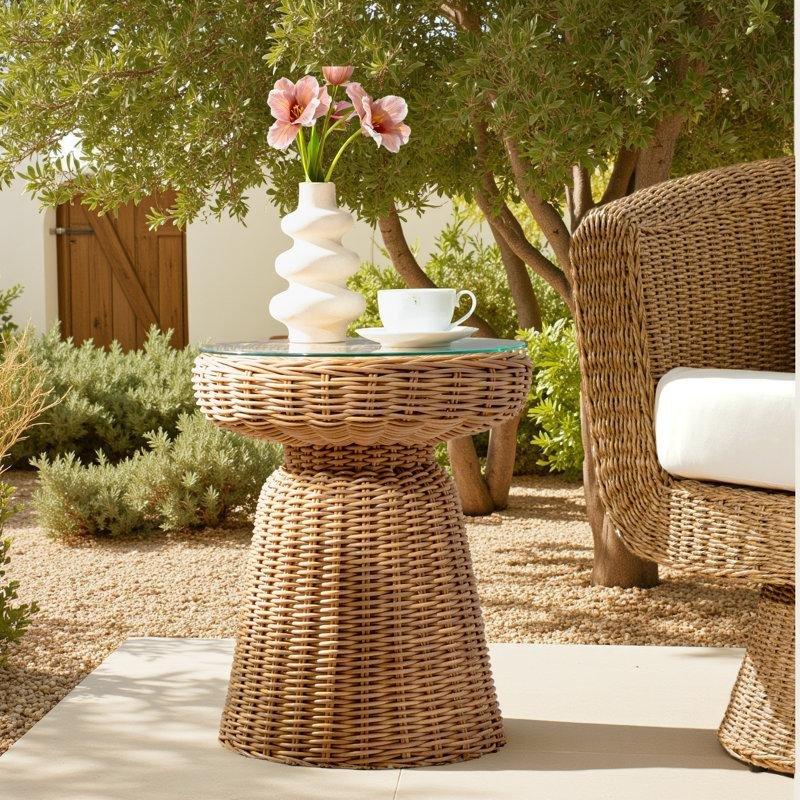 Natürel Suni Rattan Cam Tablalı Yuvarlak Hasır Yan Sehpa-53x45x45 cm - 113013