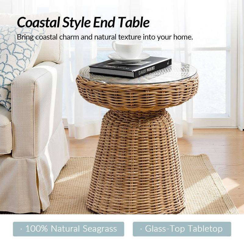 Natürel Suni Rattan Cam Tablalı Yuvarlak Hasır Yan Sehpa-53x45x45 cm - 113013