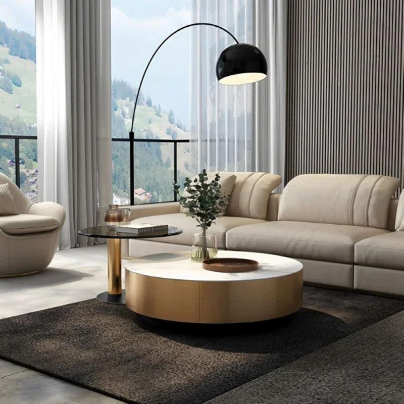 Ninah Gold Ayaklı Yuvarlak Orta Sehpa 90x90 cm, Beyaz Mermer Görünümlü Üst ve Gri Cam Yan Tabla - 104458