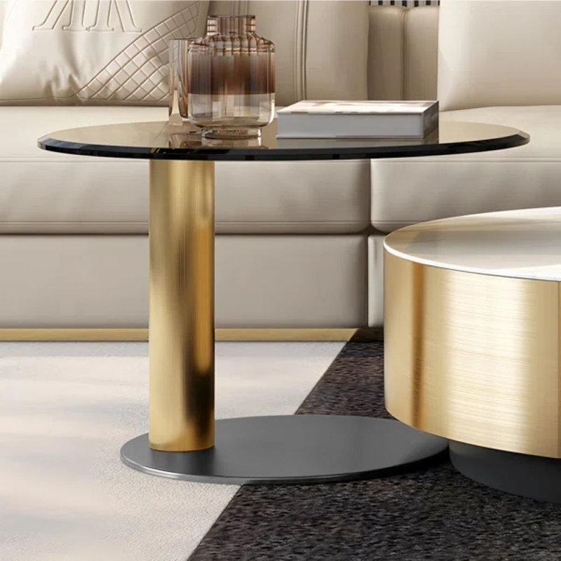 Ninah Gold Ayaklı Yuvarlak Orta Sehpa 90x90 cm, Beyaz Mermer Görünümlü Üst ve Gri Cam Yan Tabla - 104458