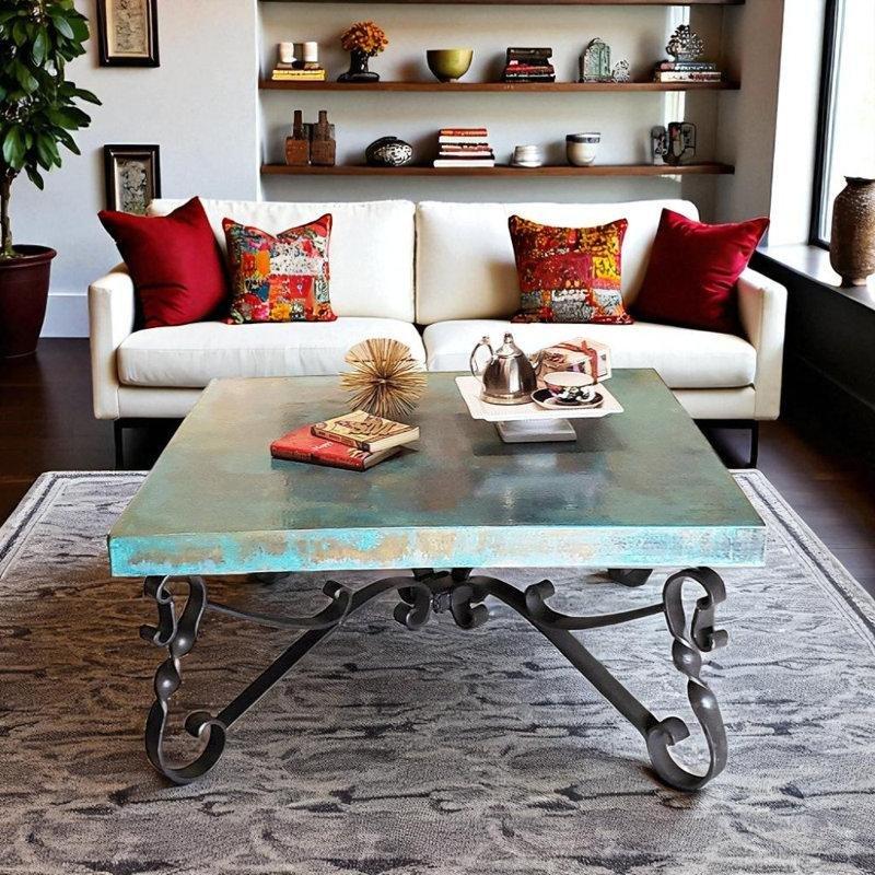 Oksitlenmiş Bakır Ferforje Orta Sehpa, 122 cm Kare - 104263