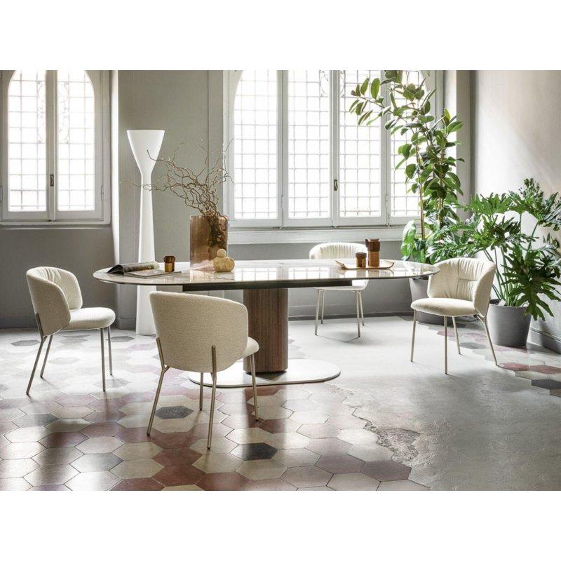 Oval Beyaz Mermer Masa 200x100 cm Ceviz Ayaklı - 91957