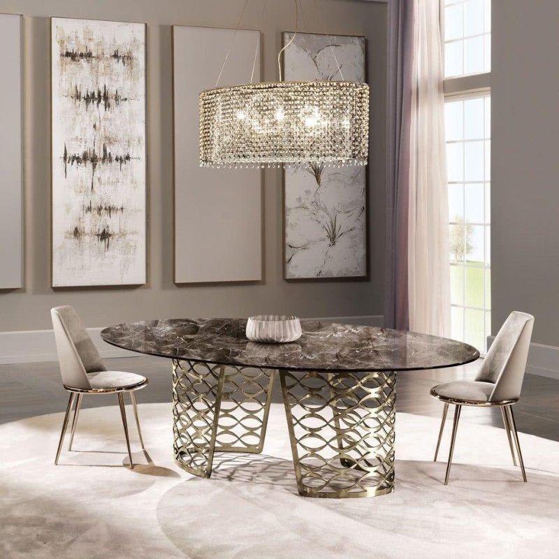 Oval Mermer Masa 220x140 cm Gold Desenli Metal Ayaklı - 91558
