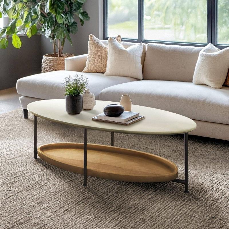 Oval Orta Sehpa Beyaz Ceviz 122x61 cm Siyah Metal Ayaklı - 105859